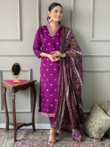 Purple Chanderi Silk Embroidered Designer Kurti with Pants and Heavy Ethnic Dupatta Set