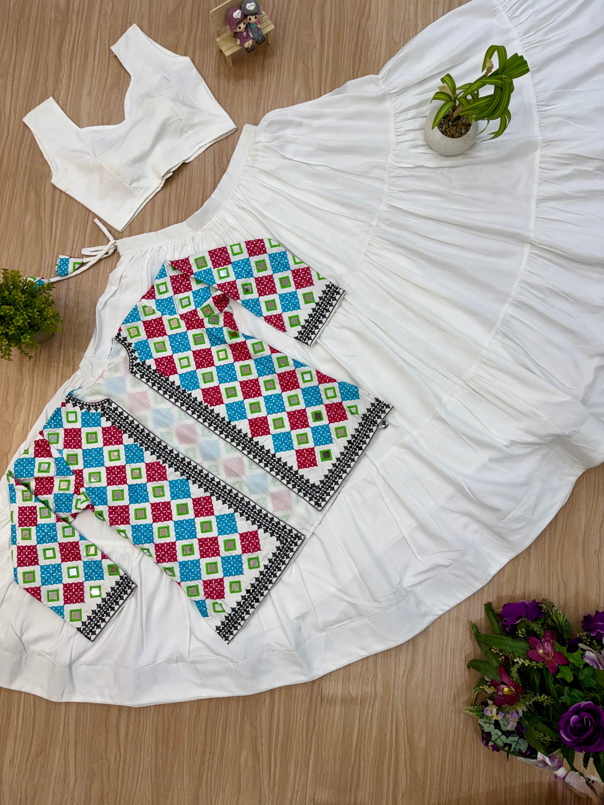 White Pure Rayon Ruffle Lehenga Choli with Embroidered Koti & Mirror Work Jacket Set