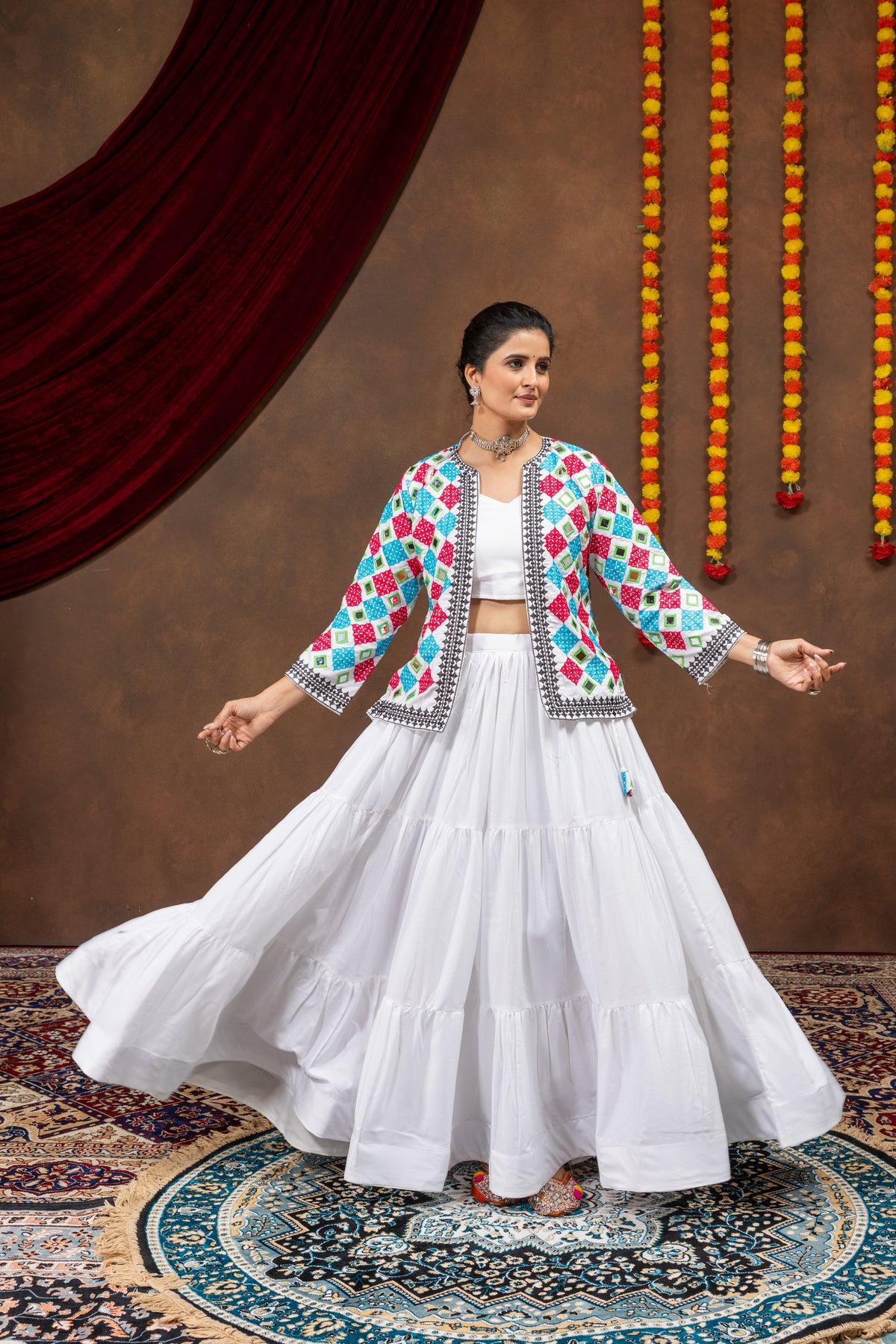 White Pure Rayon Ruffle Lehenga Choli with Embroidered Koti & Mirror Work Jacket Set