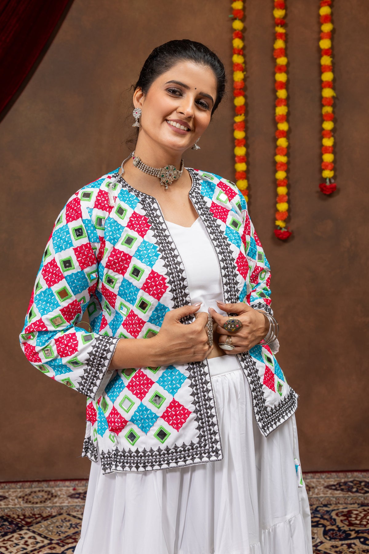 White Pure Rayon Ruffle Lehenga Choli with Embroidered Koti & Mirror Work Jacket Set