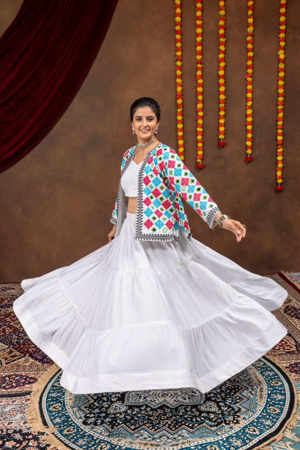 White Pure Rayon Ruffle Lehenga Choli with Embroidered Koti & Mirror Work Jacket Set