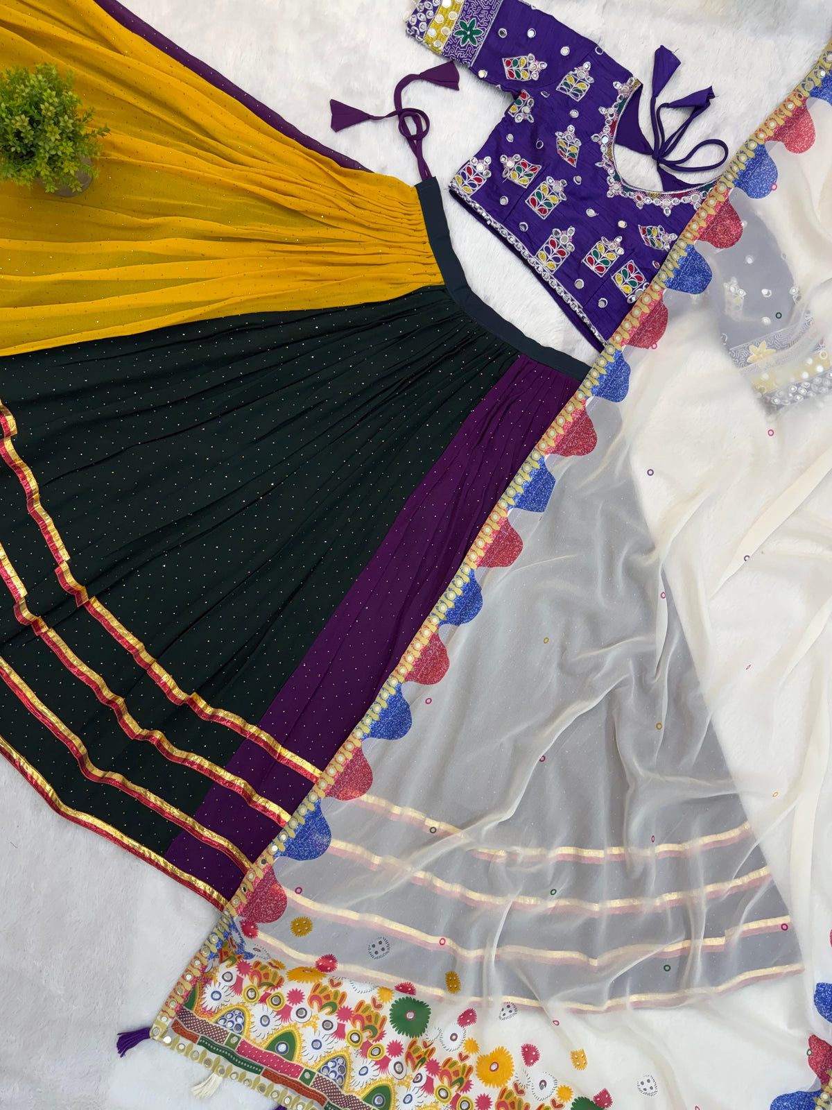 Multi-Color Faux Georgette Designer Lehenga Choli with Real Mirror Work & Printed Dupatta