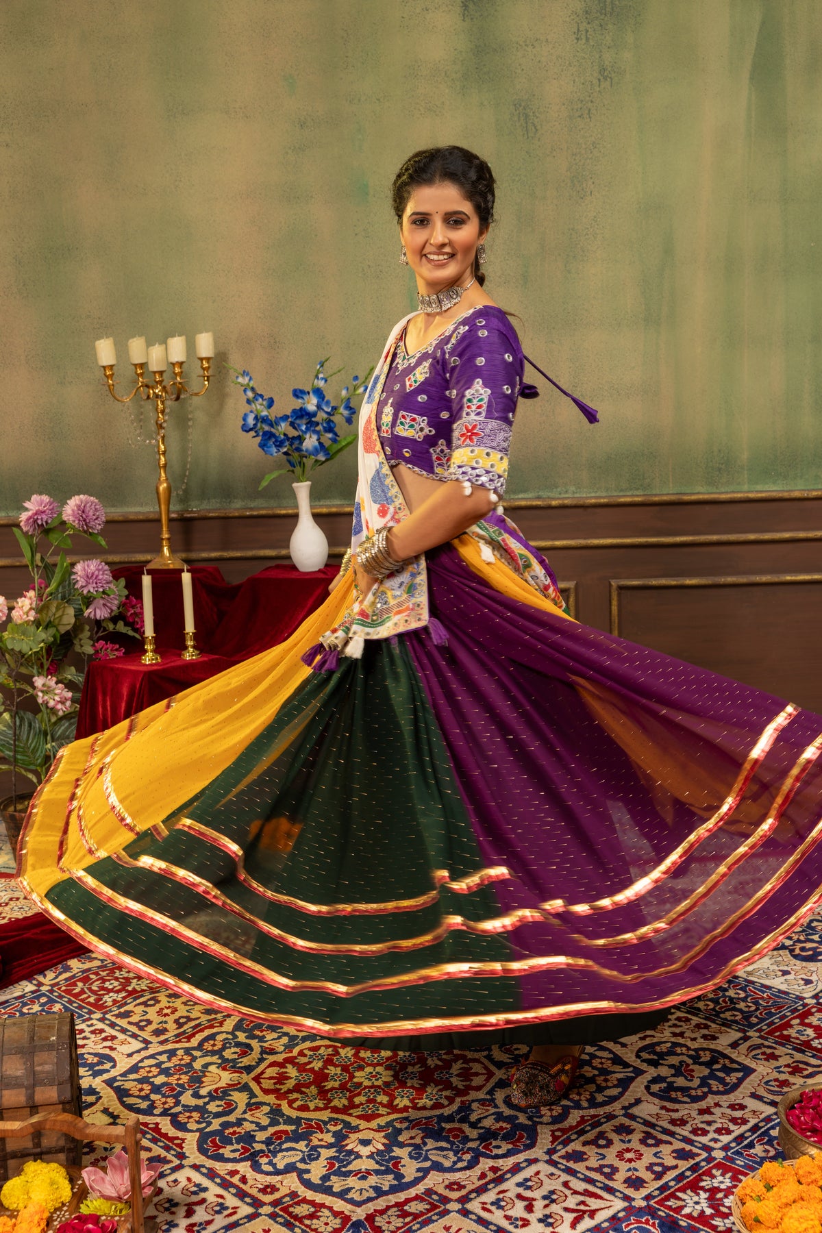 Multi-Color Faux Georgette Designer Lehenga Choli with Real Mirror Work & Printed Dupatta