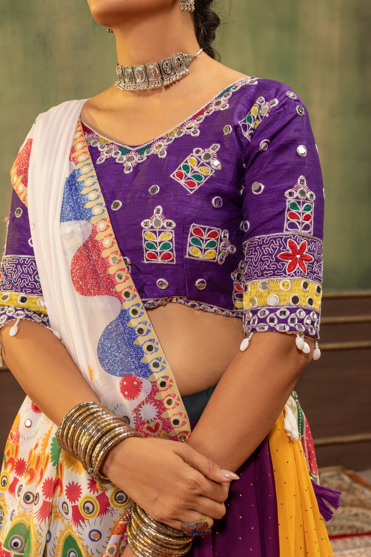 Multi-Color Faux Georgette Designer Lehenga Choli with Real Mirror Work & Printed Dupatta