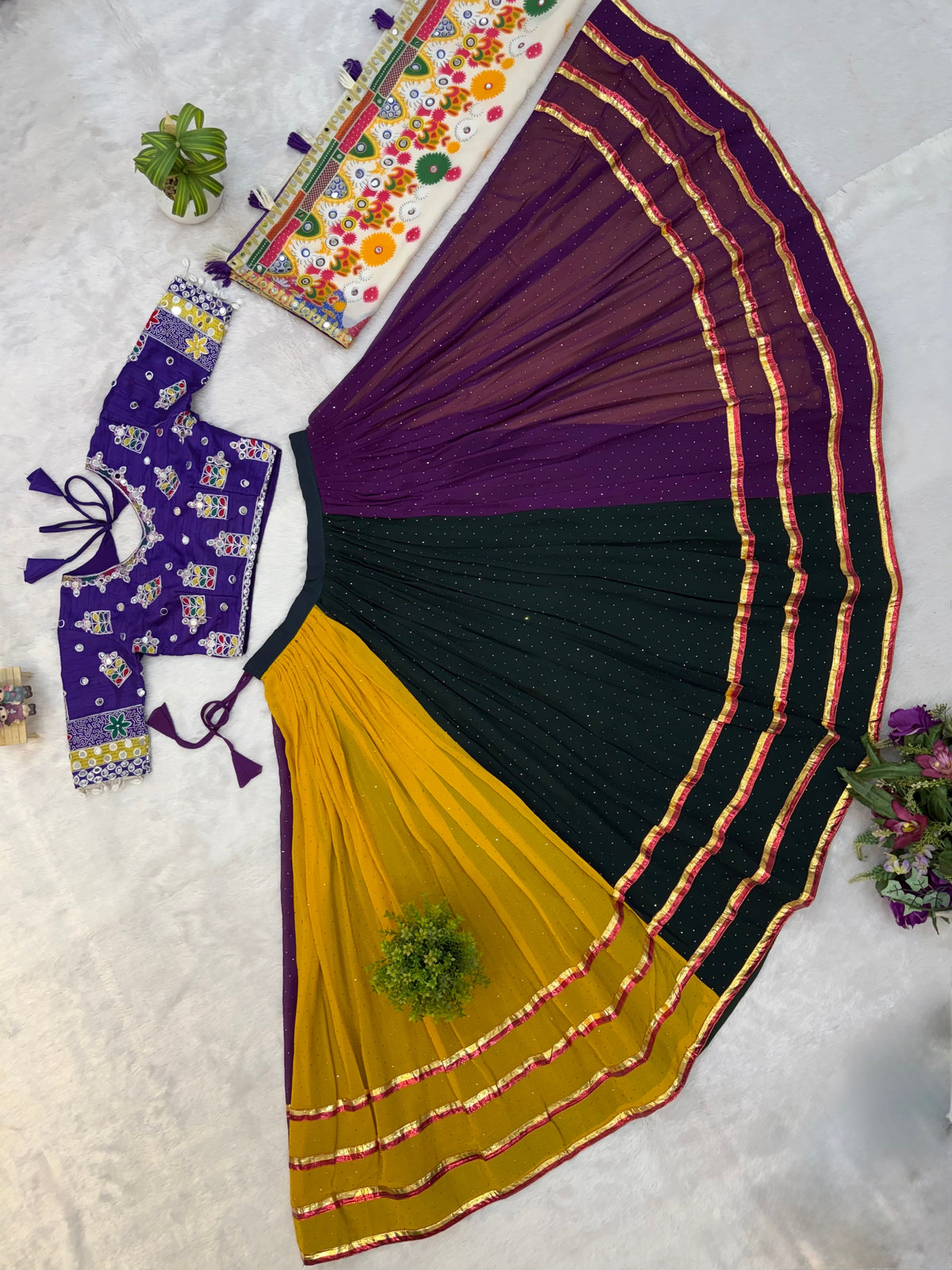 Multi-Color Faux Georgette Designer Lehenga Choli with Real Mirror Work & Printed Dupatta