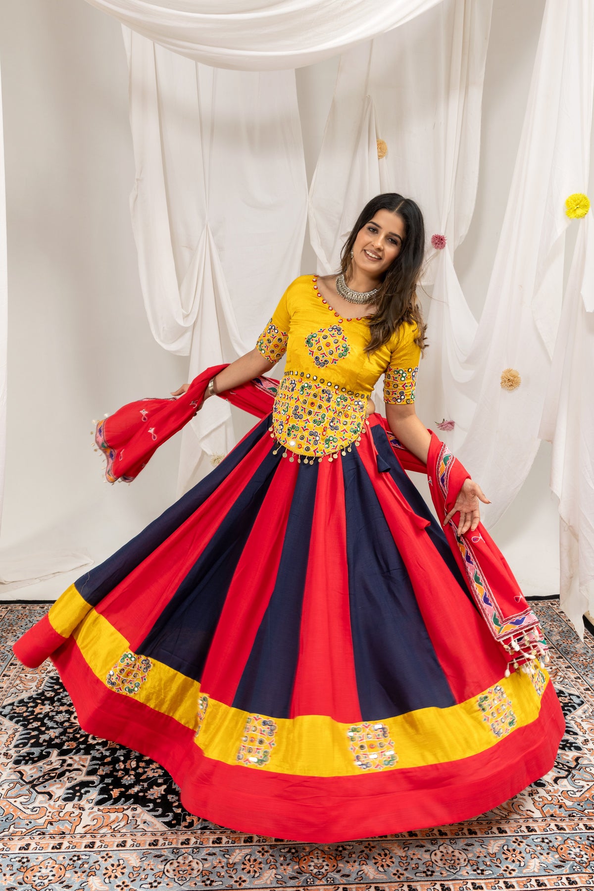 Vibrant Multi-Color Magic Cotton Designer Lehenga Choli with Real Mirror Work & Kodi Lace Dupatta