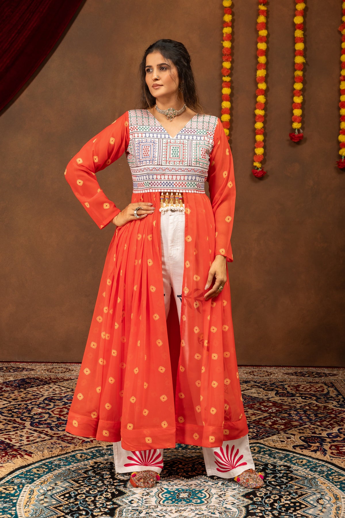 Orange Bandhani Print Long Jacket with Embroidered White Pants & Designer Top Set