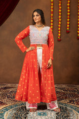Orange Bandhani Print Long Jacket with Embroidered White Pants & Designer Top Set