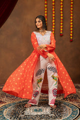 Orange Bandhani Print Long Jacket with Embroidered White Pants & Designer Top Set