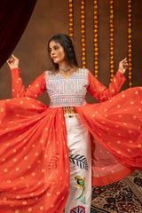 Orange Bandhani Print Long Jacket with Embroidered White Pants & Designer Top Set