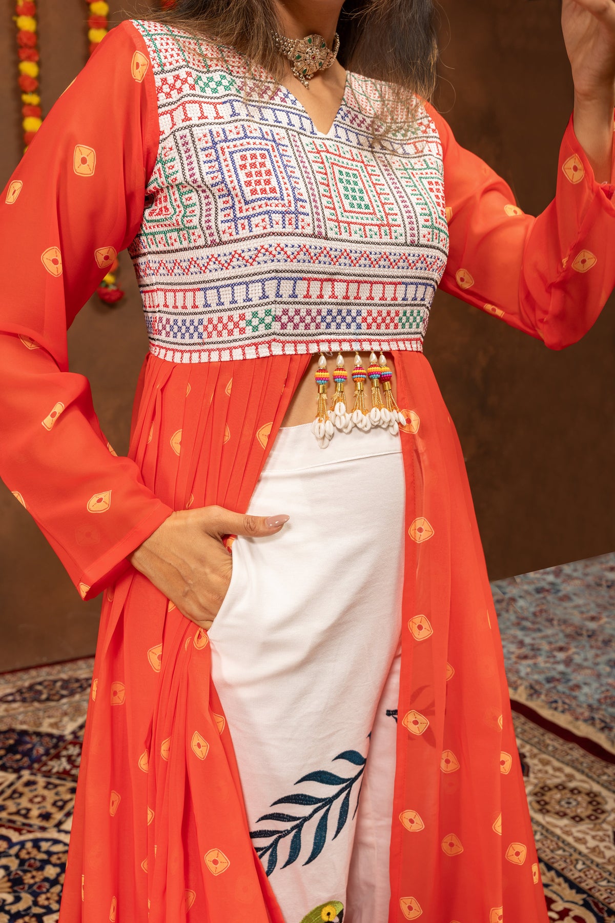 Orange Bandhani Print Long Jacket with Embroidered White Pants & Designer Top Set