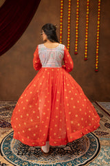 Orange Bandhani Print Long Jacket with Embroidered White Pants & Designer Top Set