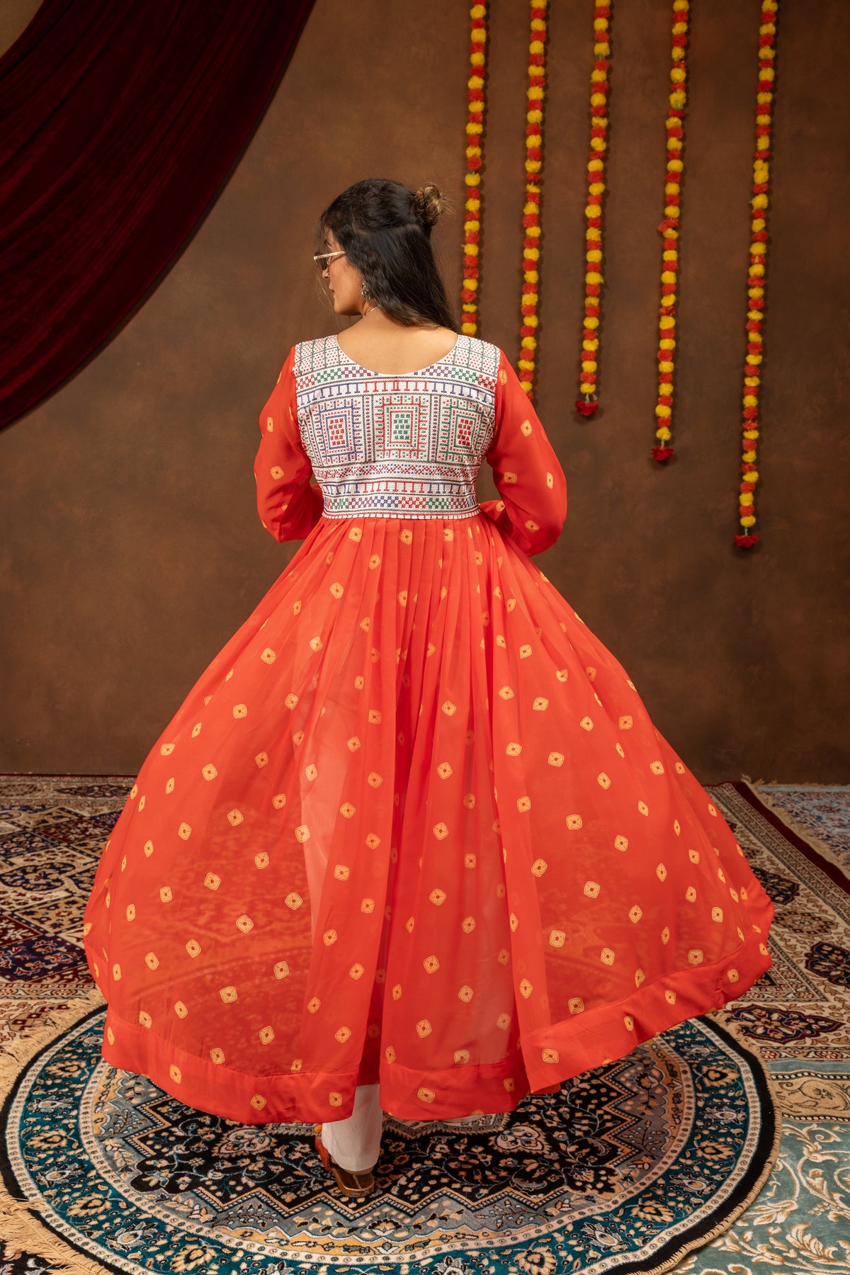Orange Bandhani Print Long Jacket with Embroidered White Pants & Designer Top Set
