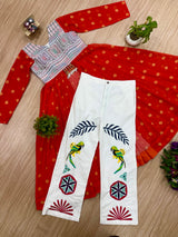 Orange Bandhani Print Long Jacket with Embroidered White Pants & Designer Top Set