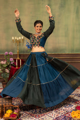 Teal & Black Pure Rayon Designer Ruffle Lehenga Choli with Mirror Work Blouse