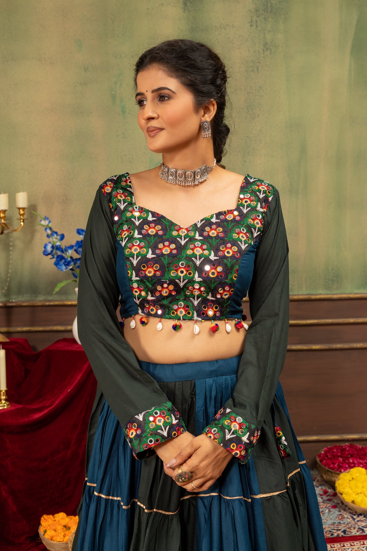 Teal & Black Pure Rayon Designer Ruffle Lehenga Choli with Mirror Work Blouse