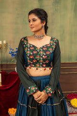 Teal & Black Pure Rayon Designer Ruffle Lehenga Choli with Mirror Work Blouse