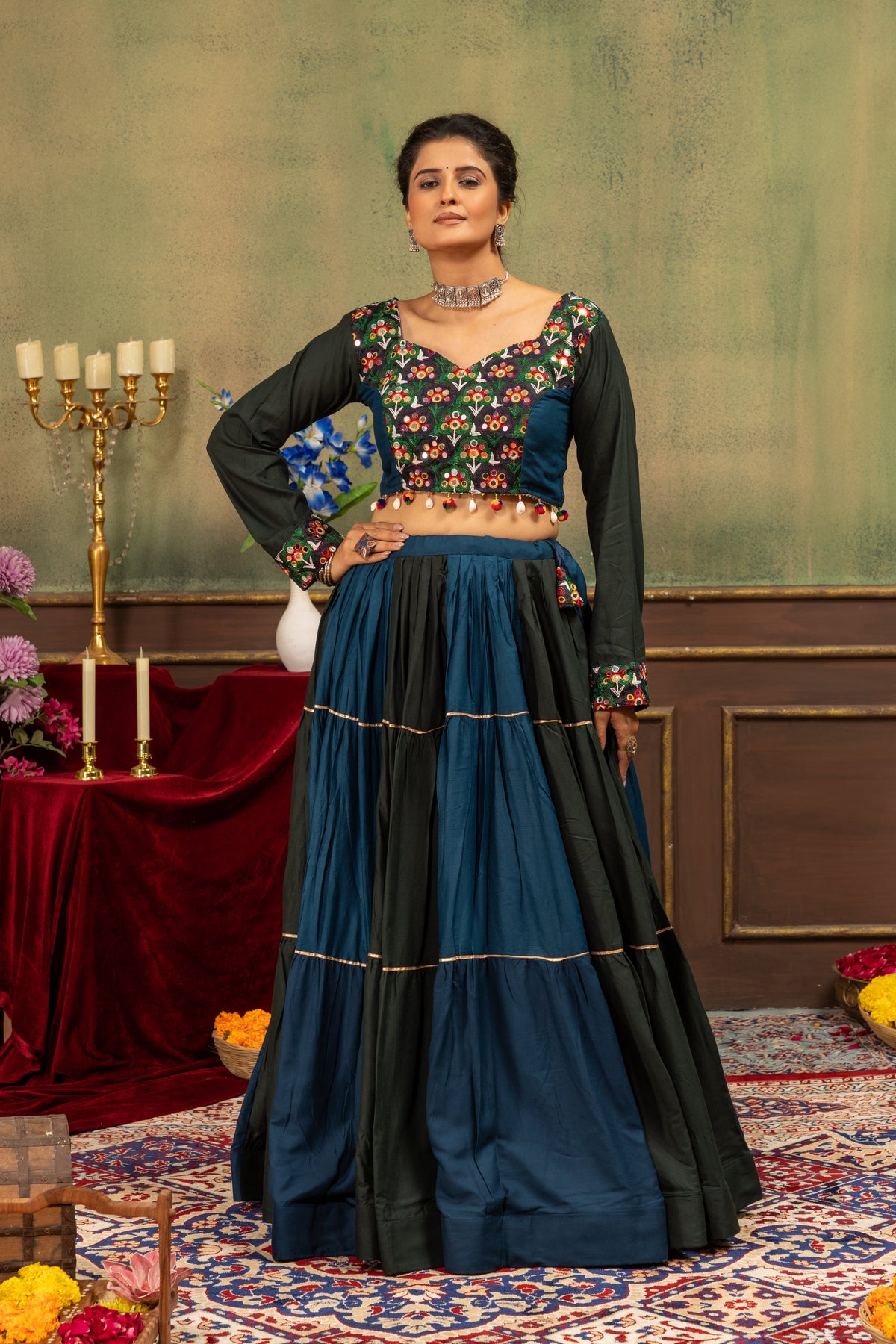 Teal & Black Pure Rayon Designer Ruffle Lehenga Choli with Mirror Work Blouse