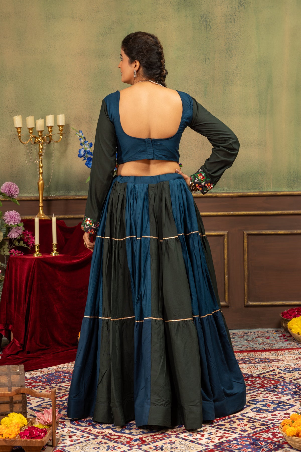 Teal & Black Pure Rayon Designer Ruffle Lehenga Choli with Mirror Work Blouse