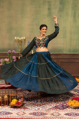 Teal & Black Pure Rayon Designer Ruffle Lehenga Choli with Mirror Work Blouse