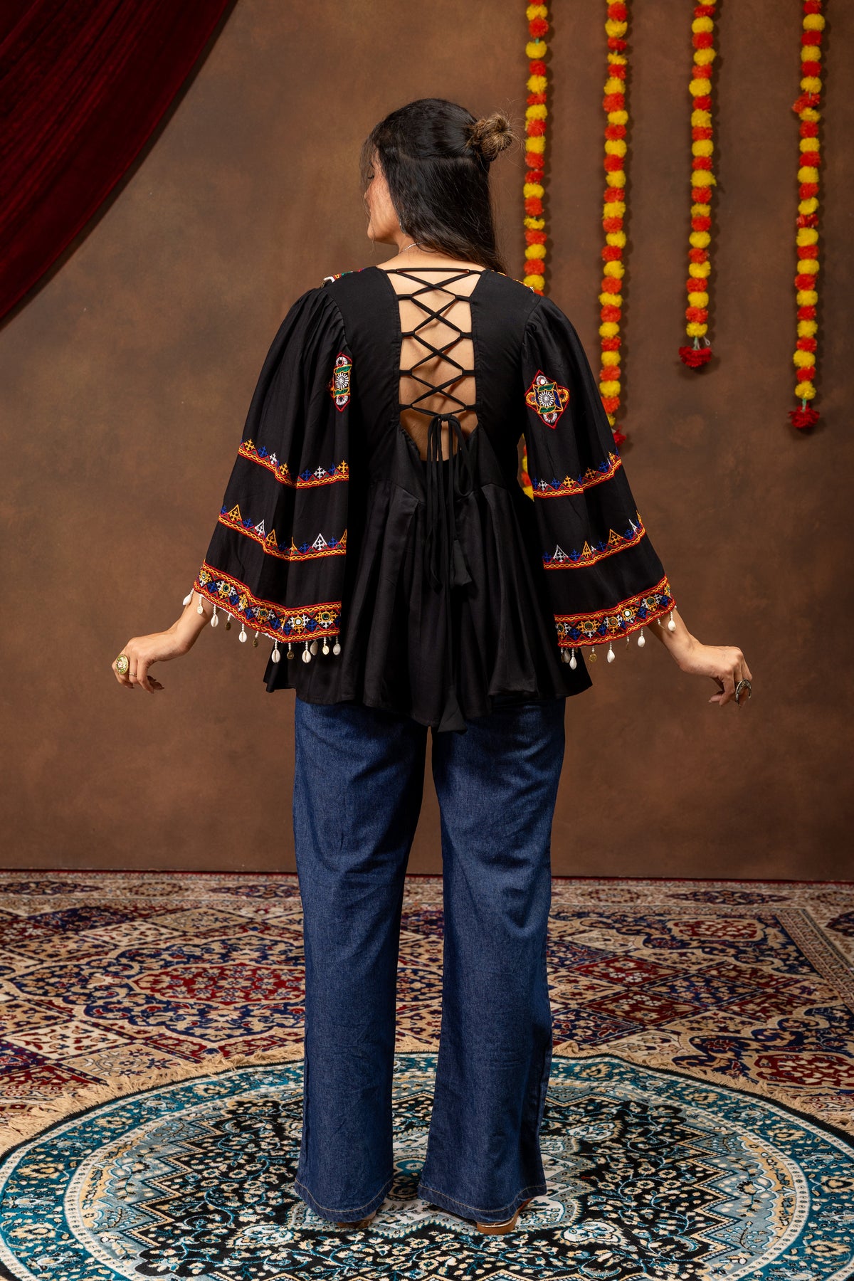 Black Embroidered Rayon Kediya Top with Mirror Work Denim Jeans Co-ord Set