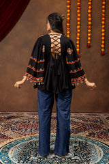 Black Embroidered Rayon Kediya Top with Mirror Work Denim Jeans Co-ord Set