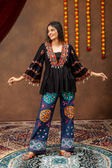 Black Embroidered Rayon Kediya Top with Mirror Work Denim Jeans Co-ord Set