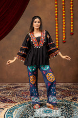 Black Embroidered Rayon Kediya Top with Mirror Work Denim Jeans Co-ord Set