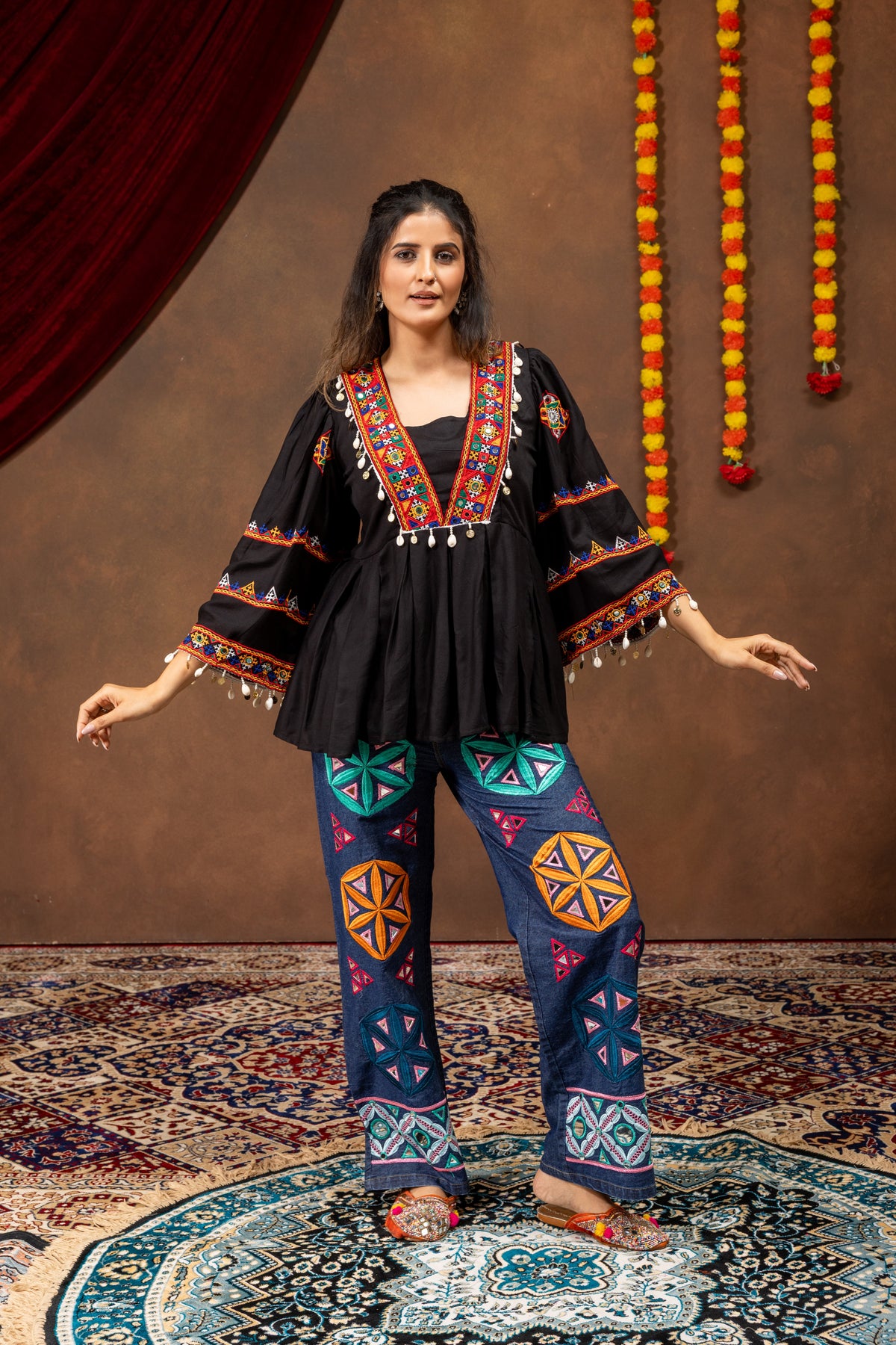 Black Embroidered Rayon Kediya Top with Mirror Work Denim Jeans Co-ord Set