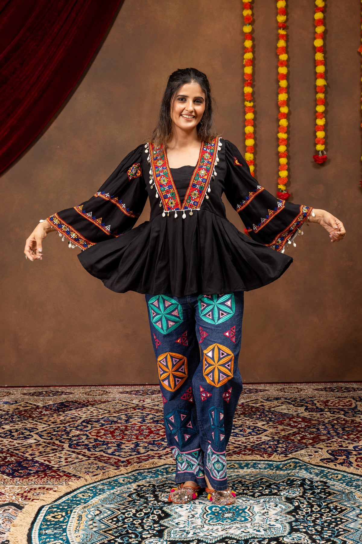 Black Embroidered Rayon Kediya Top with Mirror Work Denim Jeans Co-ord Set