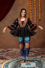 Black Embroidered Rayon Kediya Top with Mirror Work Denim Jeans Co-ord Set