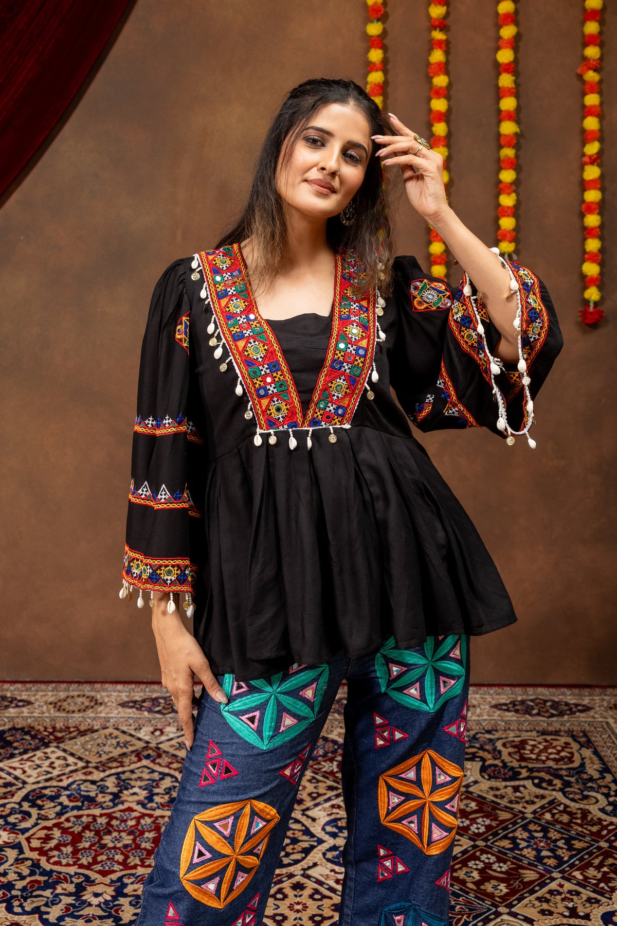 Black Embroidered Rayon Kediya Top with Mirror Work Denim Jeans Co-ord Set