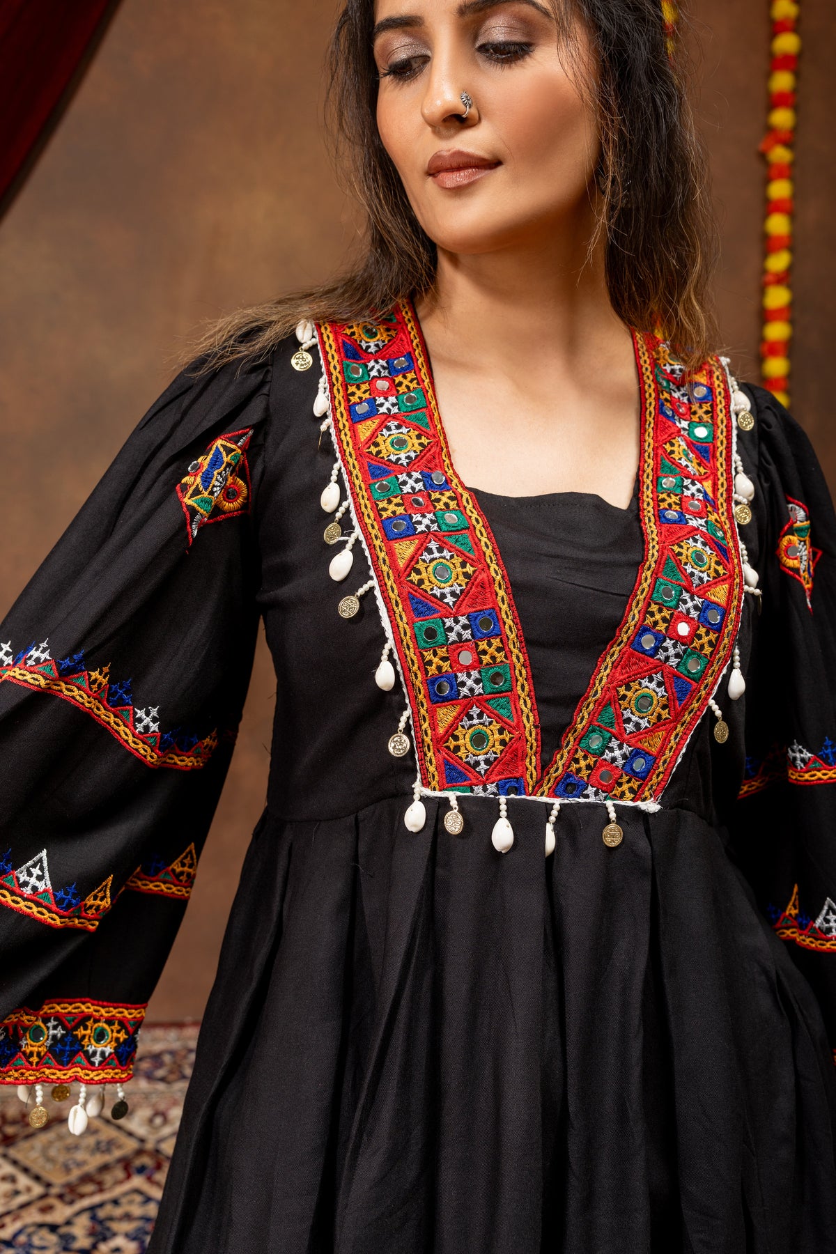 Black Embroidered Rayon Kediya Top with Mirror Work Denim Jeans Co-ord Set