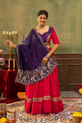 Designer Red Pure Rayon Lehenga Choli with Purple Vichitra Silk Beads Work Dupatta