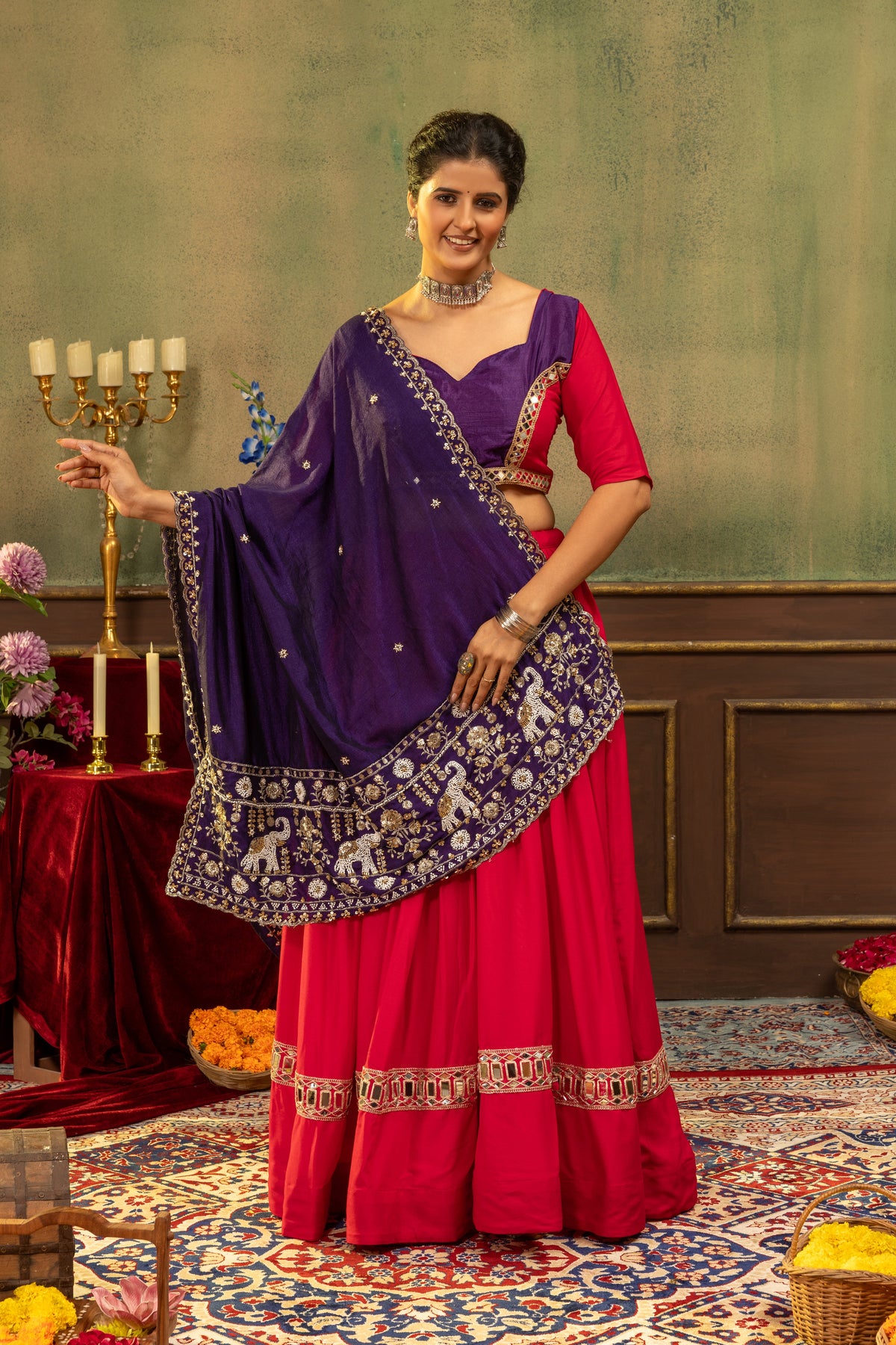 Designer Red Pure Rayon Lehenga Choli with Purple Vichitra Silk Beads Work Dupatta