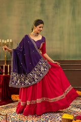 Designer Red Pure Rayon Lehenga Choli with Purple Vichitra Silk Beads Work Dupatta