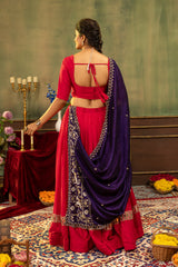 Designer Red Pure Rayon Lehenga Choli with Purple Vichitra Silk Beads Work Dupatta