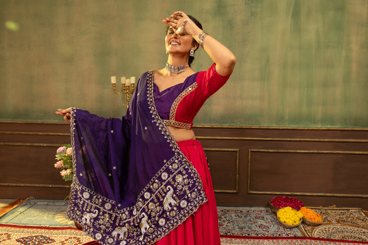 Designer Red Pure Rayon Lehenga Choli with Purple Vichitra Silk Beads Work Dupatta