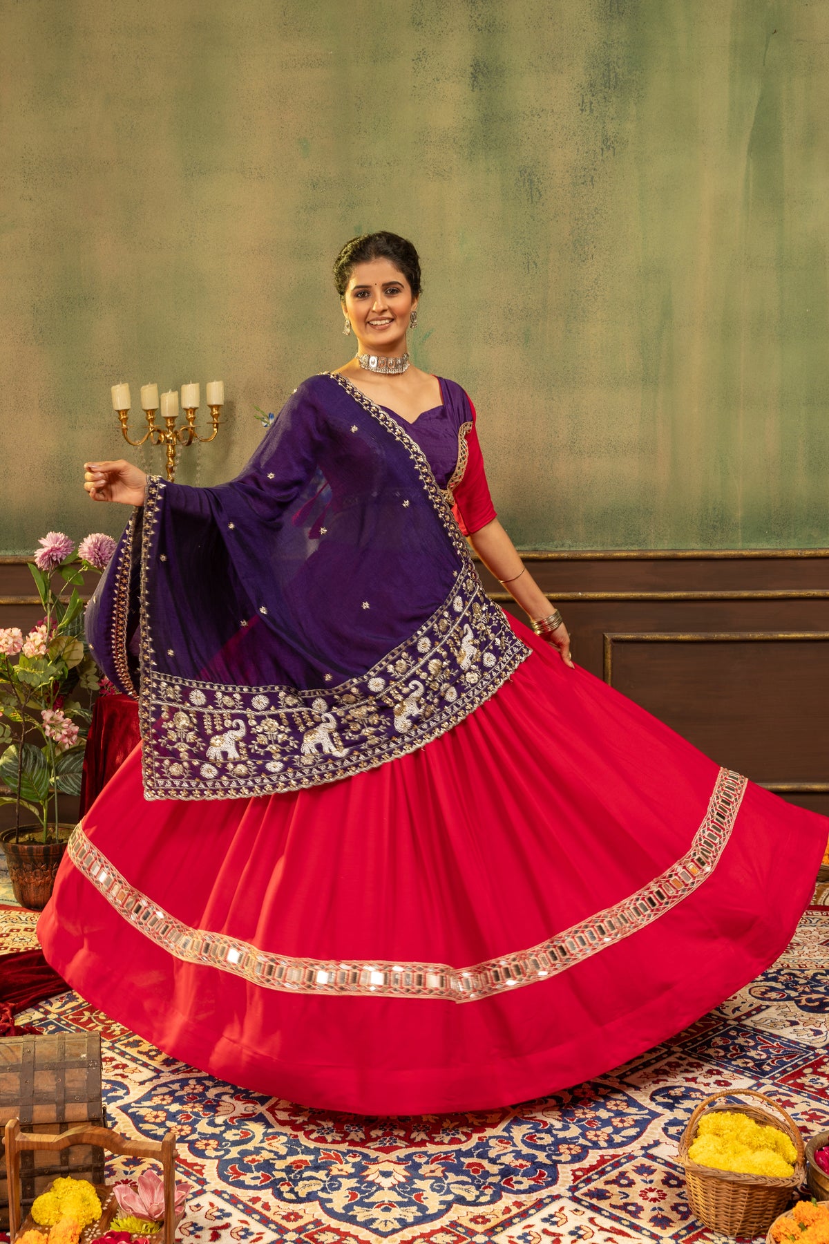 Designer Red Pure Rayon Lehenga Choli with Purple Vichitra Silk Beads Work Dupatta