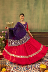 Designer Red Pure Rayon Lehenga Choli with Purple Vichitra Silk Beads Work Dupatta