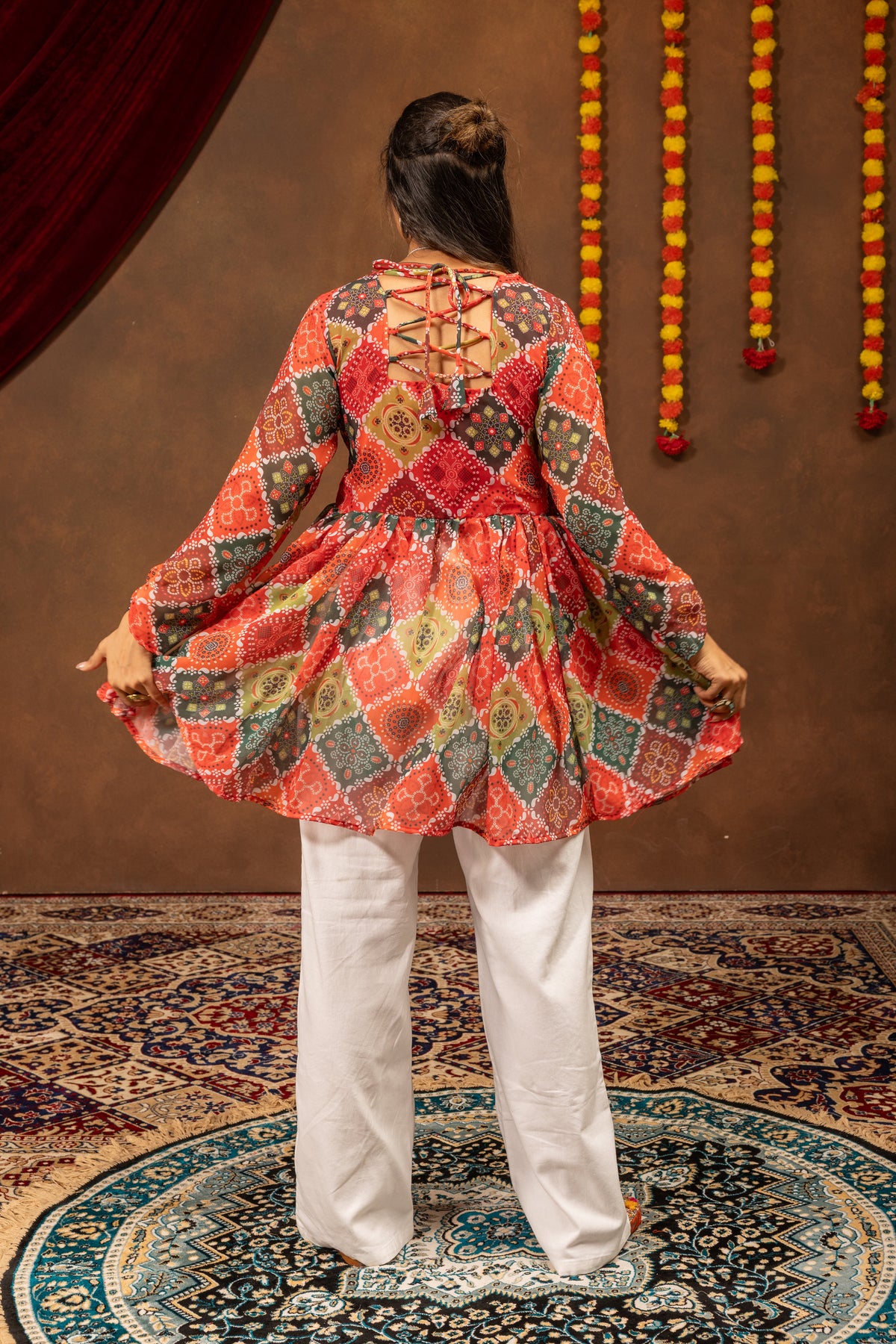 Multi-Color Bandhani Print Faux Georgette Kediya Top with Mirror Work Denim Jeans Set
