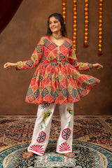 Multi-Color Bandhani Print Faux Georgette Kediya Top with Mirror Work Denim Jeans Set