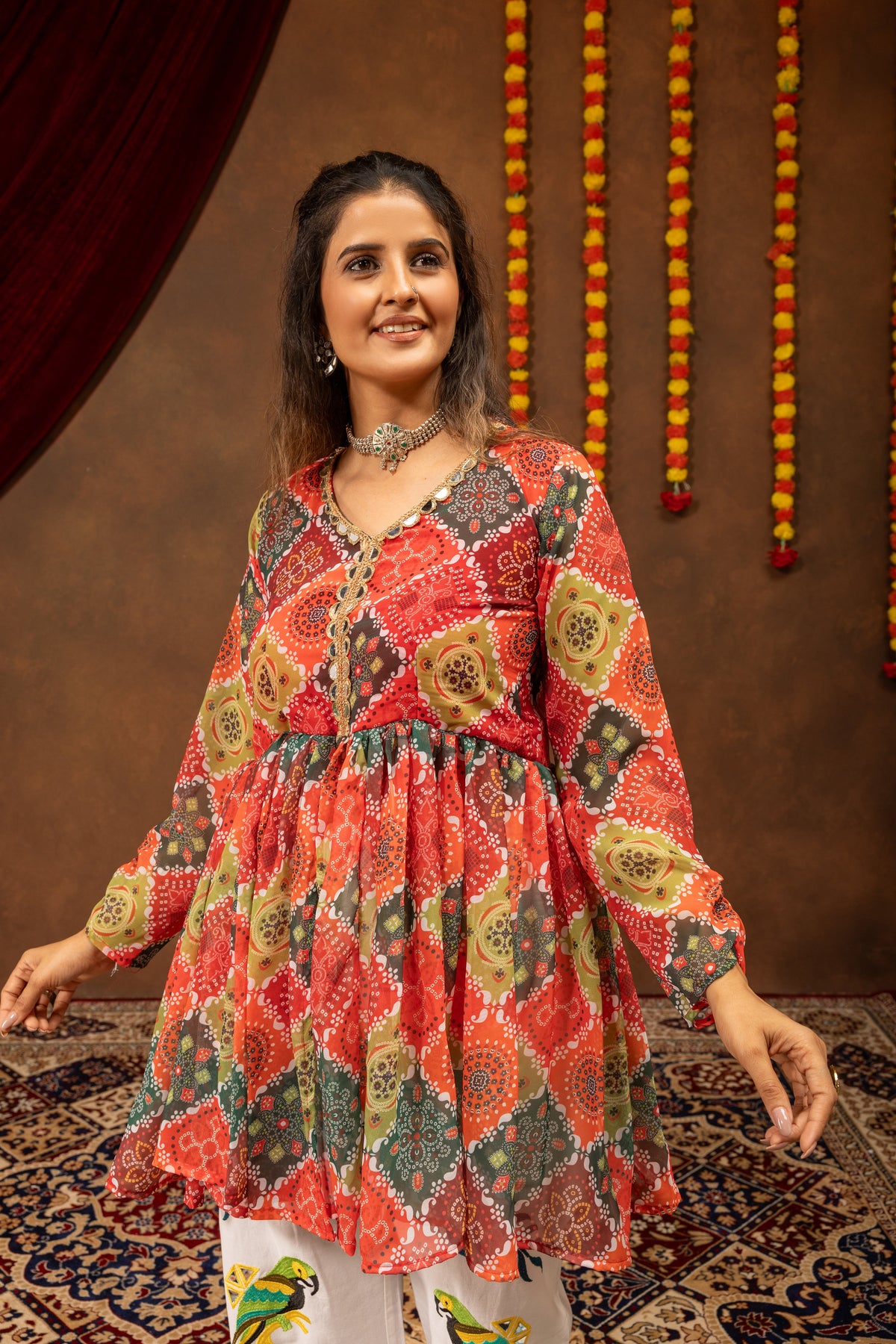 Multi-Color Bandhani Print Faux Georgette Kediya Top with Mirror Work Denim Jeans Set