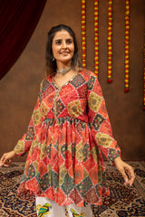 Multi-Color Bandhani Print Faux Georgette Kediya Top with Mirror Work Denim Jeans Set