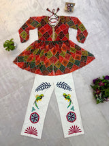 Multi-Color Bandhani Print Faux Georgette Kediya Top with Mirror Work Denim Jeans Set