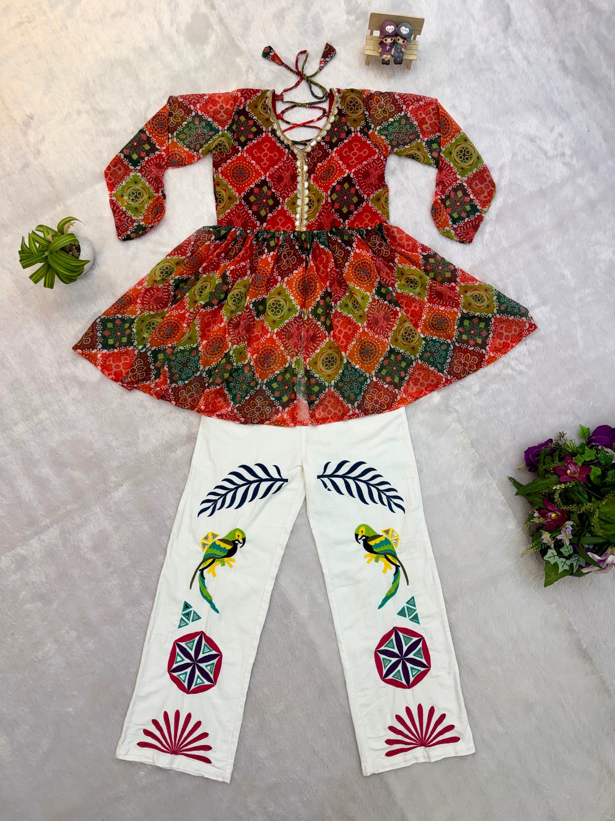 Multi-Color Bandhani Print Faux Georgette Kediya Top with Mirror Work Denim Jeans Set