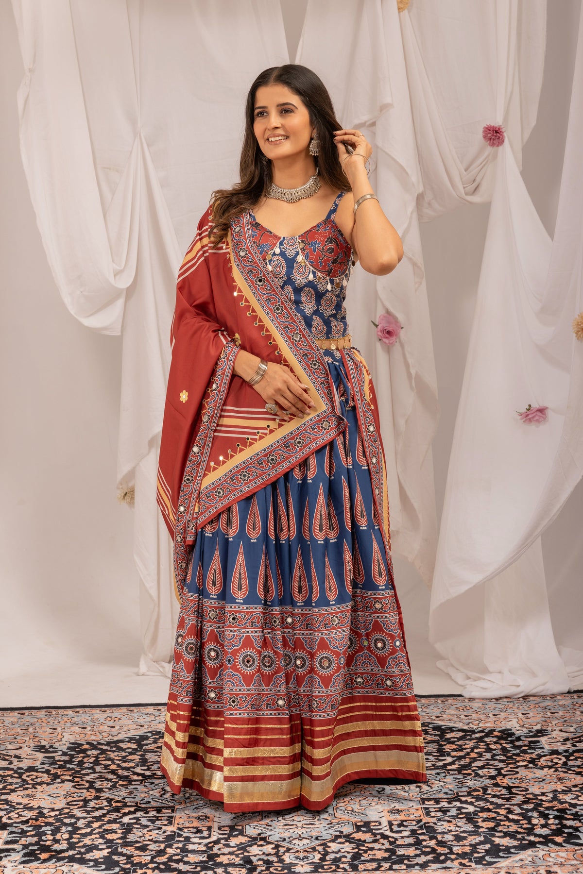 Digital Ajrakh Print Natural Crepe Designer Lehenga Choli with Real Mirror Work & Dupatta