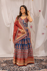 Digital Ajrakh Print Natural Crepe Designer Lehenga Choli with Real Mirror Work & Dupatta