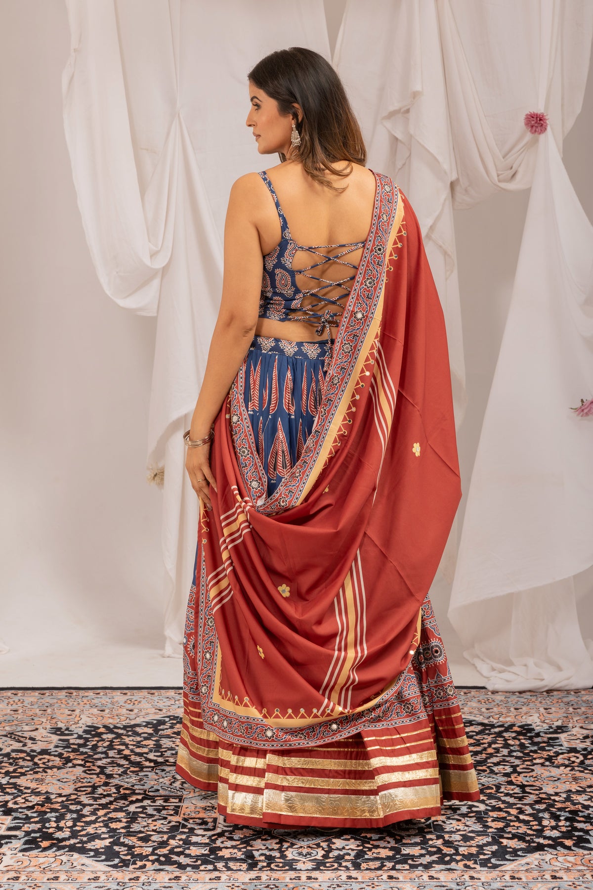 Digital Ajrakh Print Natural Crepe Designer Lehenga Choli with Real Mirror Work & Dupatta