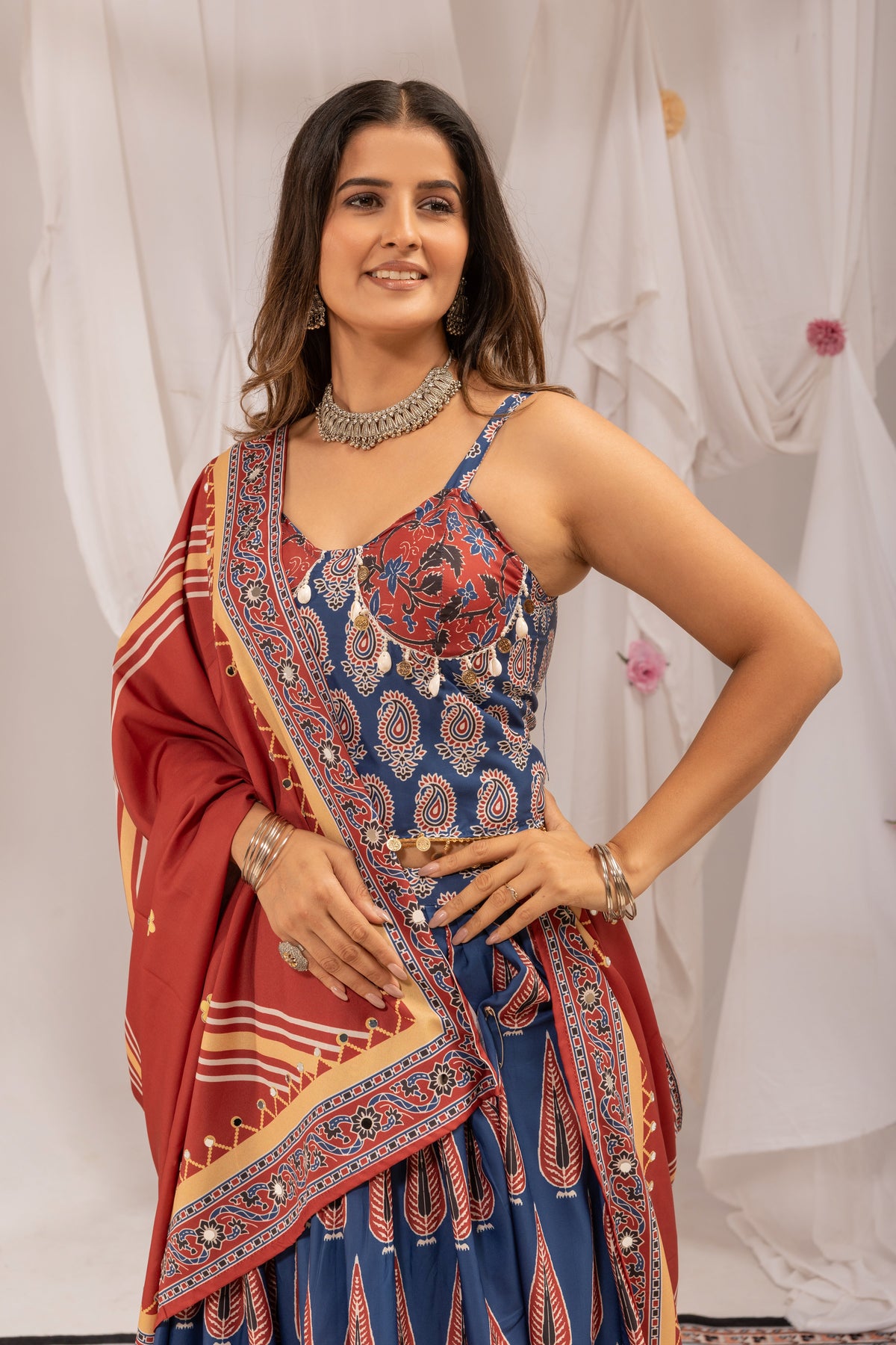 Digital Ajrakh Print Natural Crepe Designer Lehenga Choli with Real Mirror Work & Dupatta